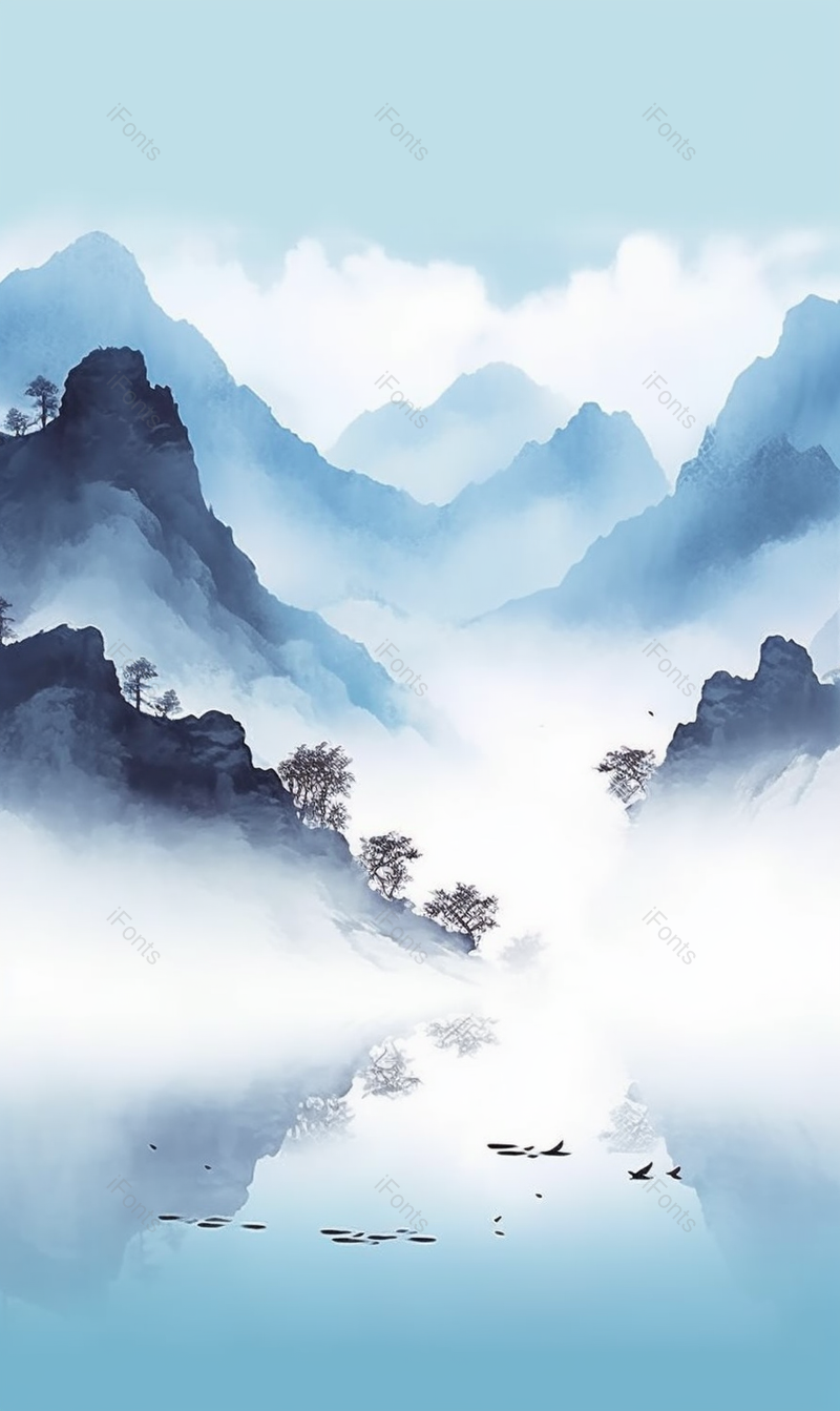 蓝天白云雾气弥漫的山峰水面山水画,插画/手绘图,插画/手绘图库,插画/手绘图下载,插画/手绘
